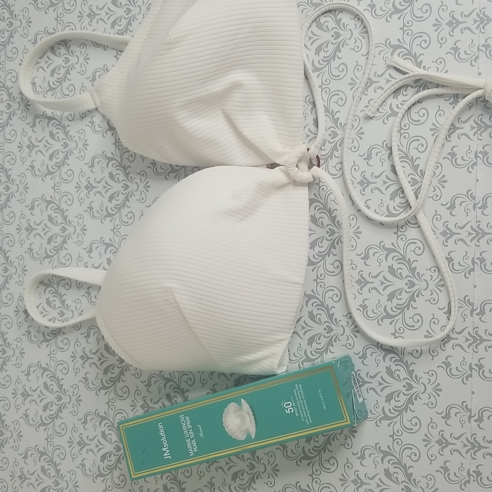 Lightly Lined Triangle Strappy Tie Ribbed Bikini Top+JM Pearl sun spray - Picture 13 of 15